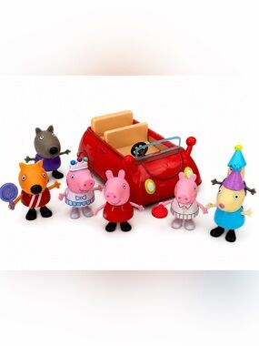 Jazwares Peppa Pig Red Family Car With 7 Figures Playset Bundle